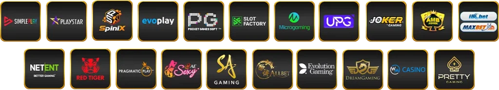 ภาพรวมโลโก้ค่ายเกมคาสิโนออนไลน์ของ HENG678 เช่น PG Soft, Pragmatic Play, Joker Gaming, Microgaming, SA Gaming, Sexy Baccarat และค่ายสล็อตชั้นนำ รองรับเกมสล็อตและคาสิโนสดครบวงจร